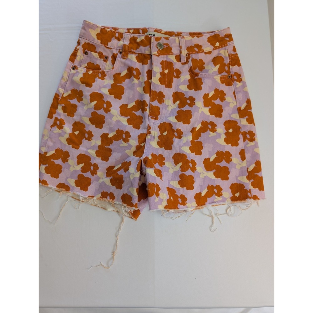 Zara The 90's Short Poppy Flower Print High Waist Raw Hem Cutoff Denim Size 6